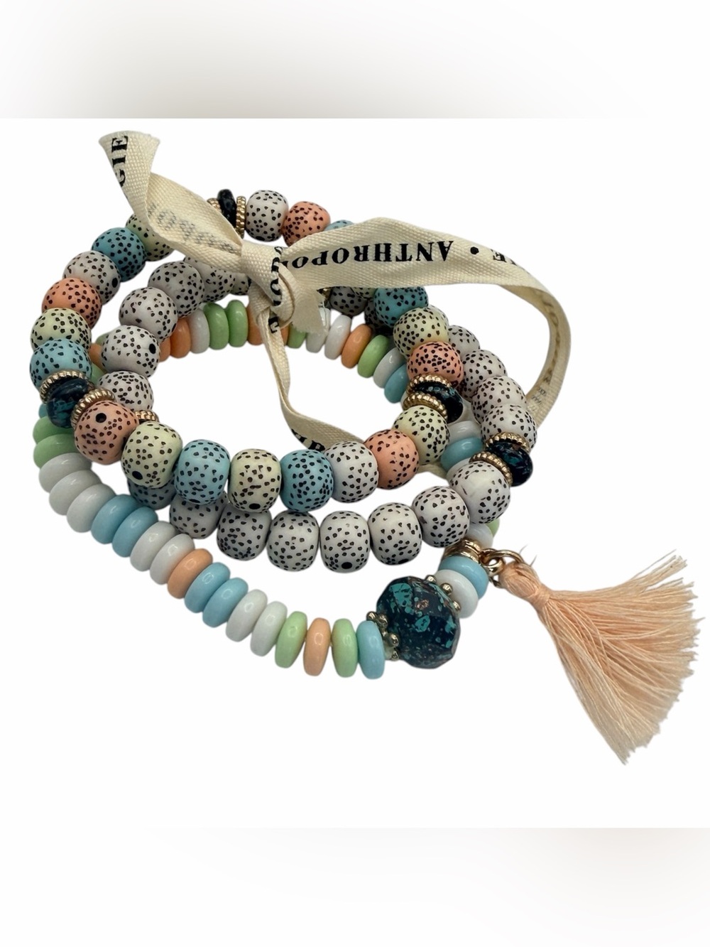 Anthropologie Multicolor Chicklit Pastel & Speckled Bead Bracelet Set Tassel